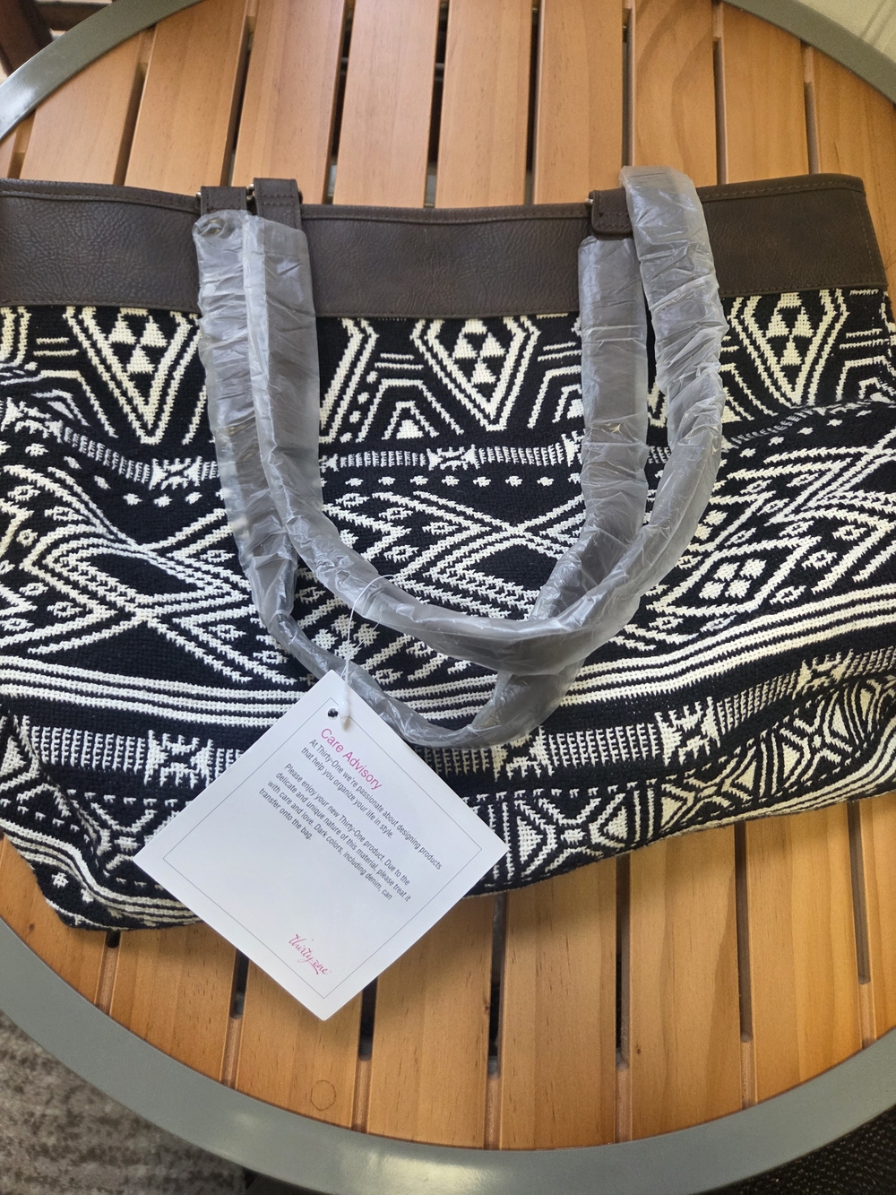 thirty-one Black & White Aztec Tote with Brown Trim